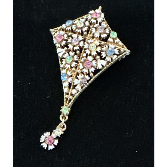 Vtg Flower 3D Surface KITE Brooch Gold Tone Multicolor Rhinestones Enamel - Picture 6 of 7